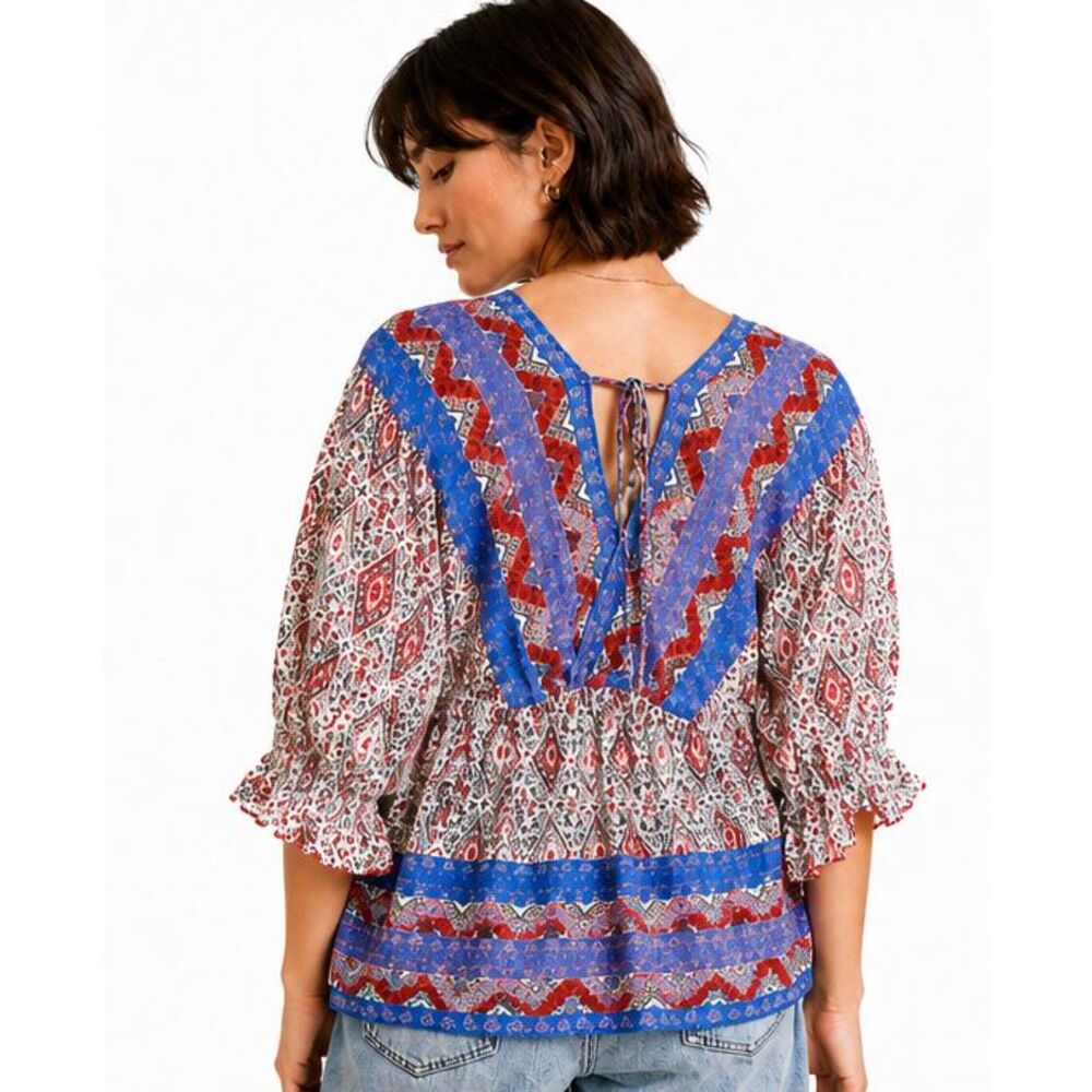New UMGEE M 8 10 Blue Paisley Balloon Dolman Sleeves Back String Tie Top